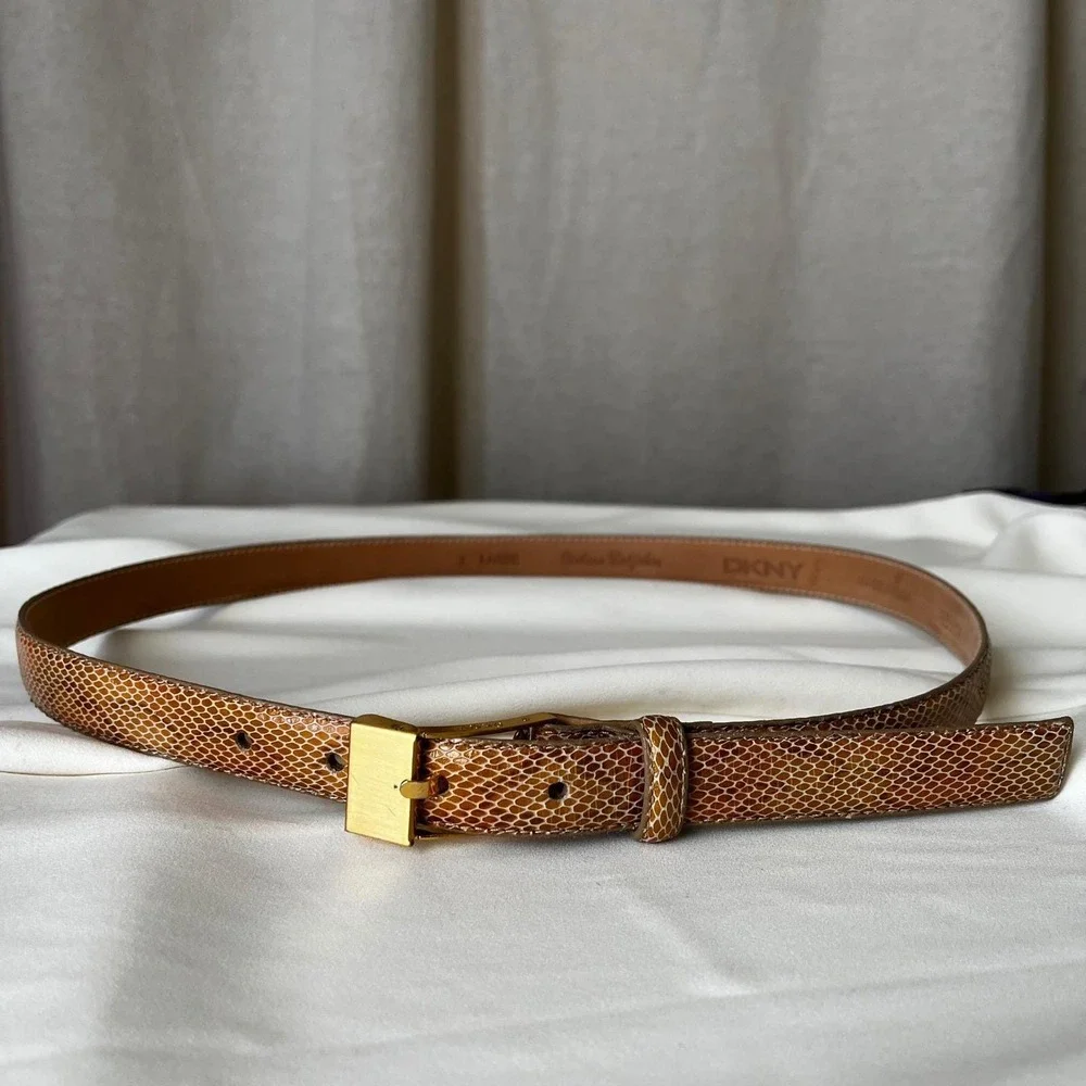 DKNY Italian Calfskin Snakeskin Belt XL Tan‎ Minimal Gold Buckle